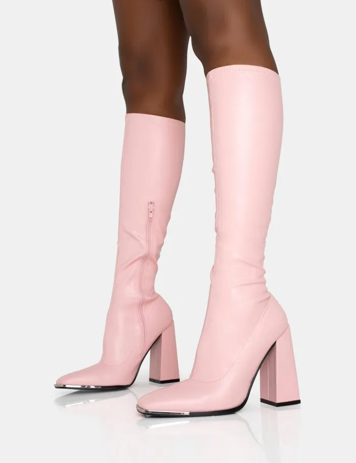 Women Caryn Baby Pink Pu Knee High Heeled Boots Pink Public Desire Long Boots