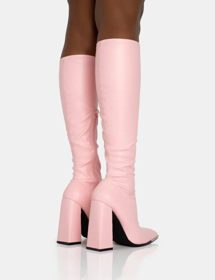 Women Caryn Baby Pink Pu Knee High Heeled Boots Pink Public Desire Long Boots