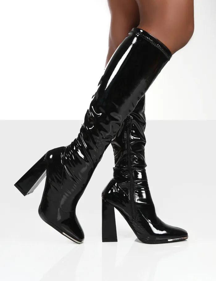 Women Caryn Wide Fit Black Pu Knee High Heeled Boots Black Public Desire Wide Fit Boots