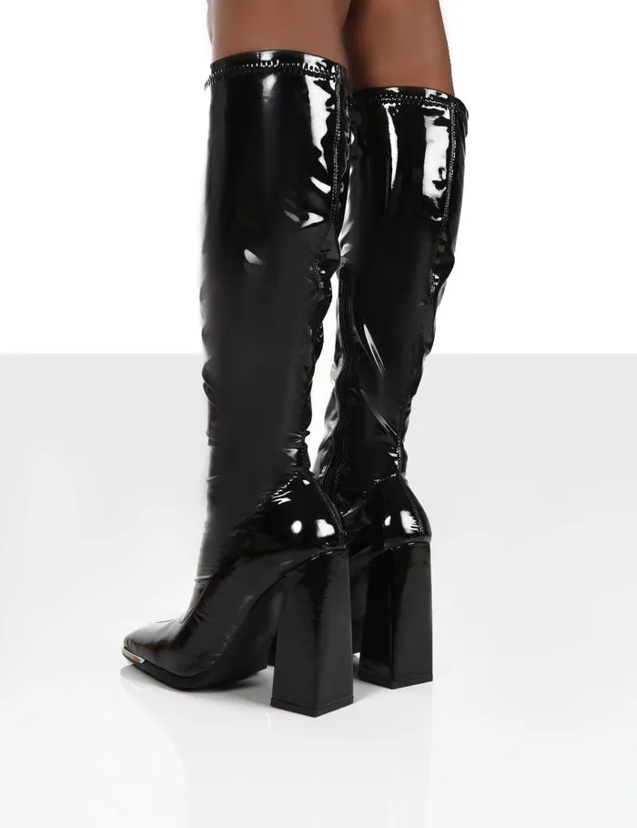 Women Caryn Wide Fit Black Pu Knee High Heeled Boots Black Public Desire Wide Fit Boots