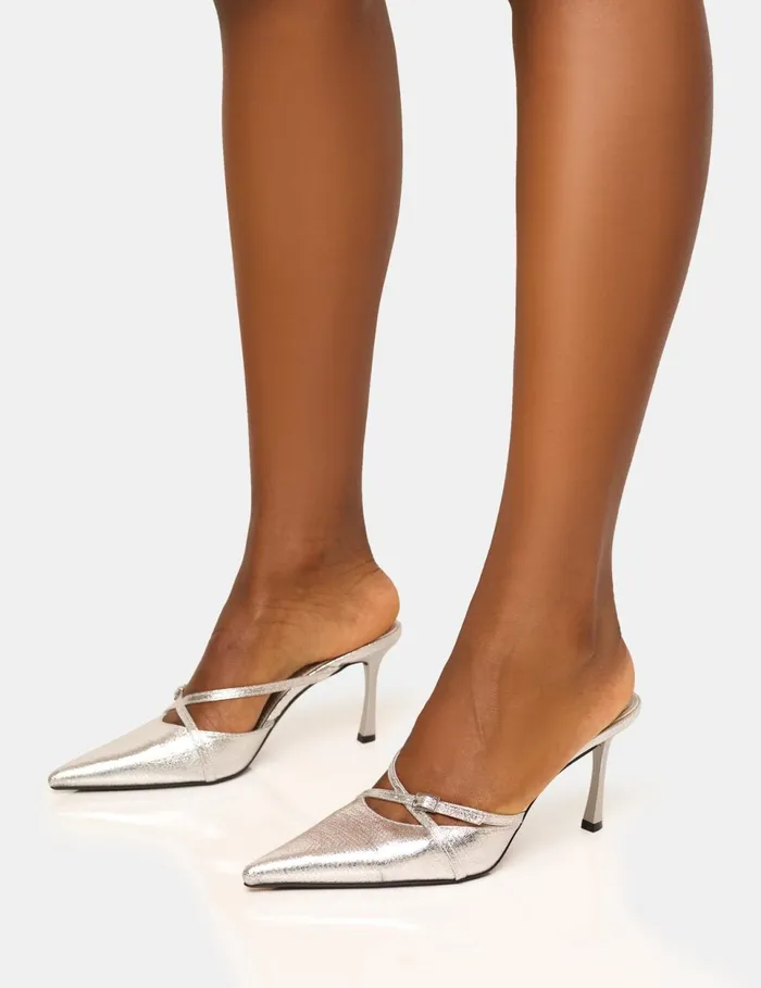 Women Casanova Silver Buckle Detail Mid Heel Mules Silver Public Desire Heeled Mules