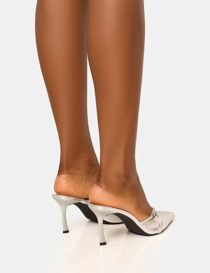 Women Casanova Silver Buckle Detail Mid Heel Mules Silver Public Desire Heeled Mules