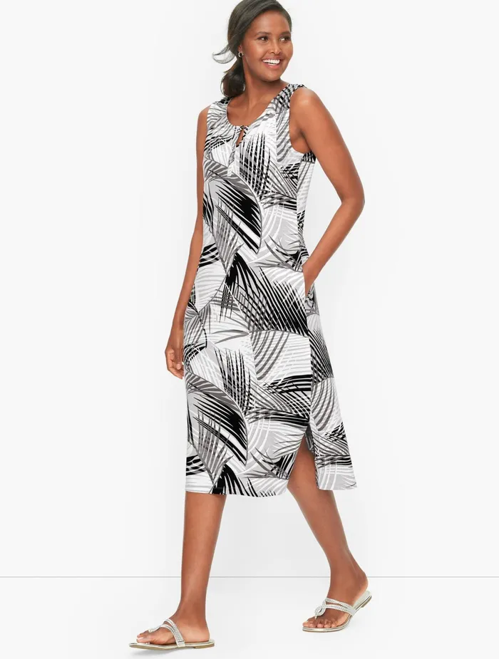 Women Casual Talbots Painted Fronds Midi Dress Grey Tonal