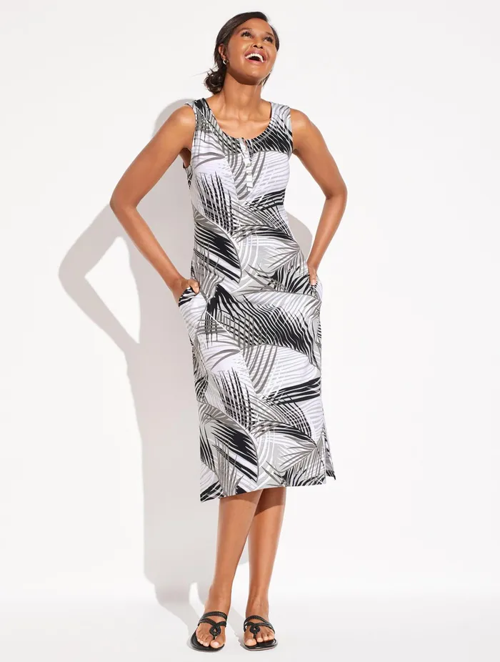 Women Casual Talbots Painted Fronds Midi Dress Grey Tonal