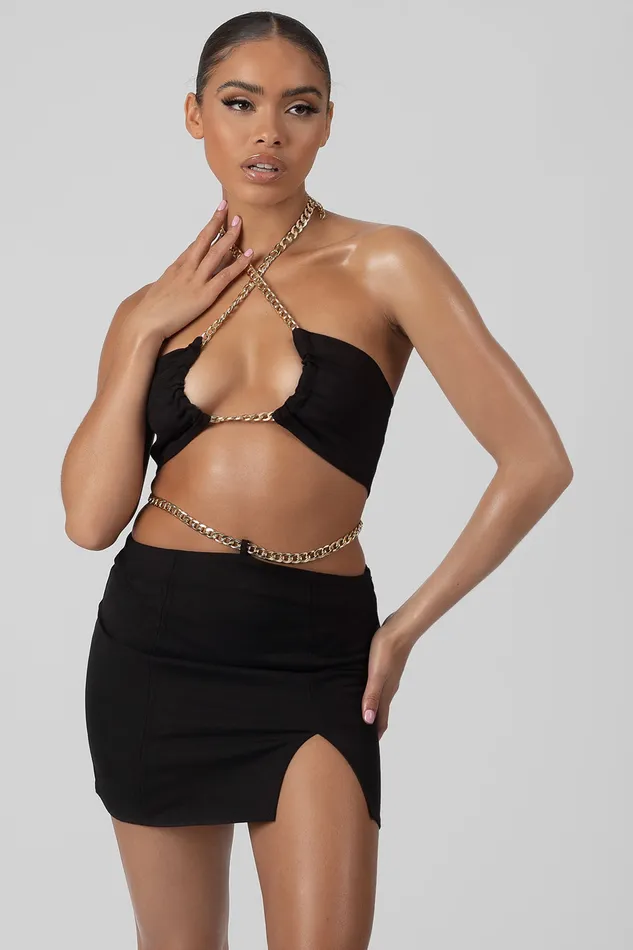 Women Chain Waist Mini Skirt Black Kaiia Black Public Desire Two Piece Sets