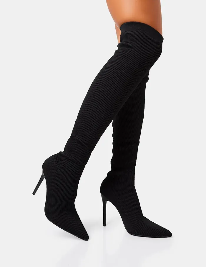Women Chateau Black Knitted Sock Stilleto Over The Knee Pointed Toe Boots Black Public Desire Over The Knee Boots