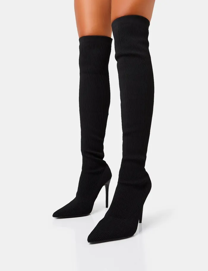Women Chateau Black Knitted Sock Stilleto Over The Knee Pointed Toe Boots Black Public Desire Over The Knee Boots