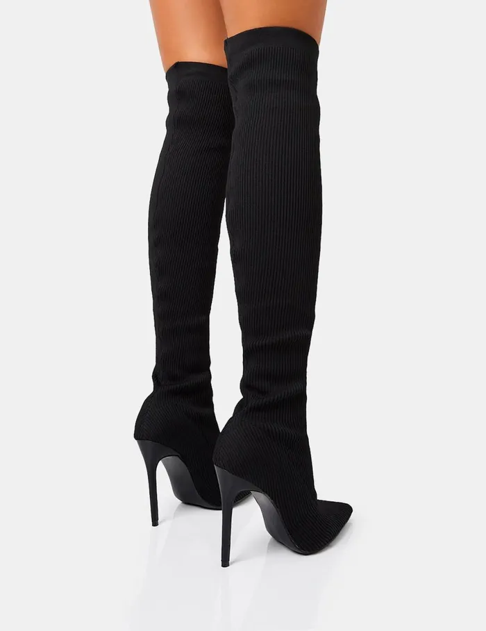 Women Chateau Black Knitted Sock Stilleto Over The Knee Pointed Toe Boots Black Public Desire Over The Knee Boots