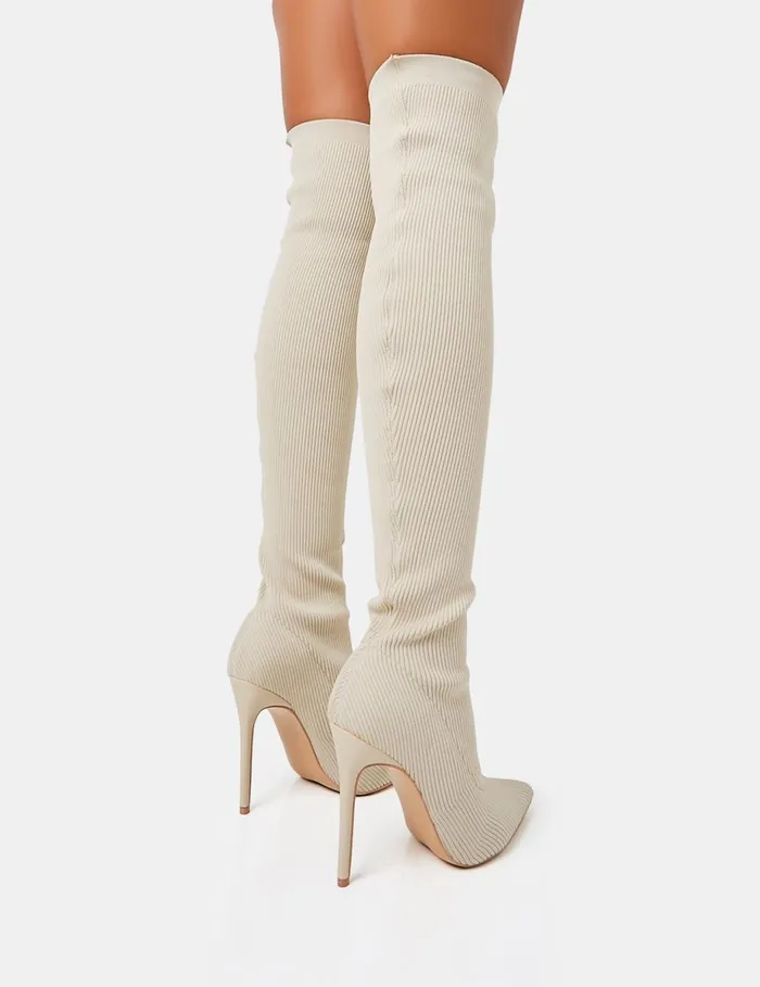 Women Chateau Off White Knitted Sock Stiletto Over The Knee Pointed Toe Boots White Public Desire Over The Knee Boots
