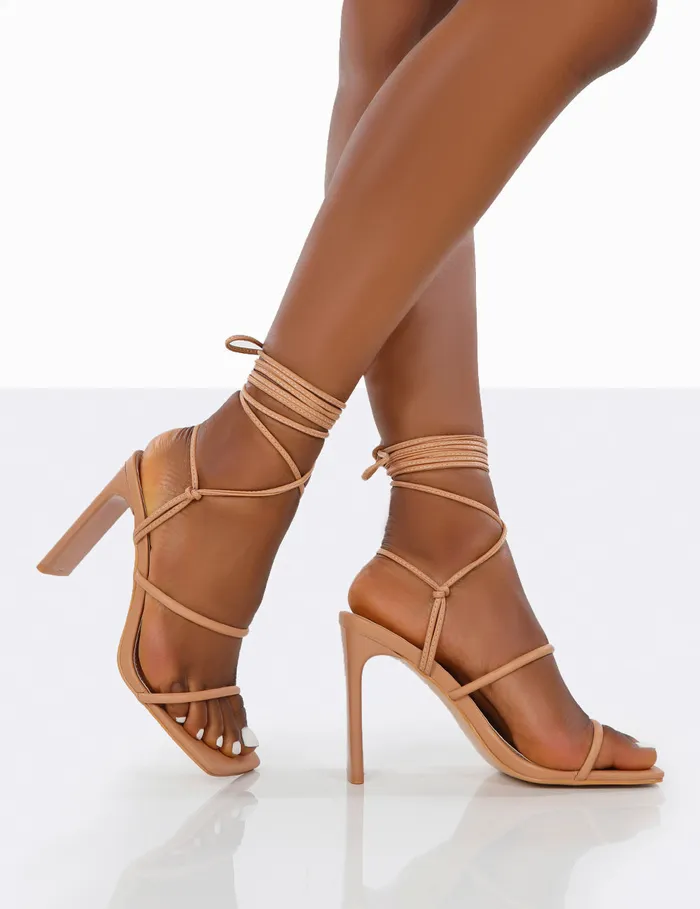 Women Chloe Nude Pu Strappy Square Toe Lace Up Heels Neutral Public Desire Block Heels