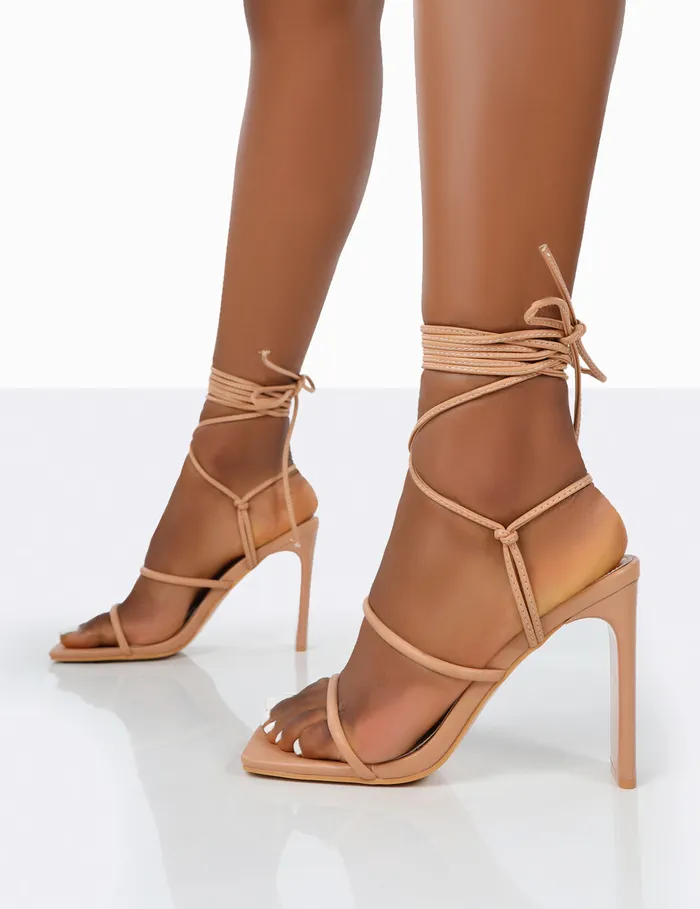Women Chloe Nude Pu Strappy Square Toe Lace Up Heels Neutral Public Desire Block Heels