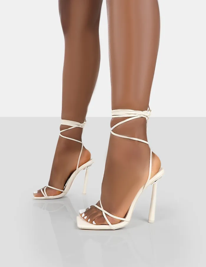 Women Ci Ci Ecru Pu Square Toe Lace Up Stiletto Heels Ecru Public Desire Races