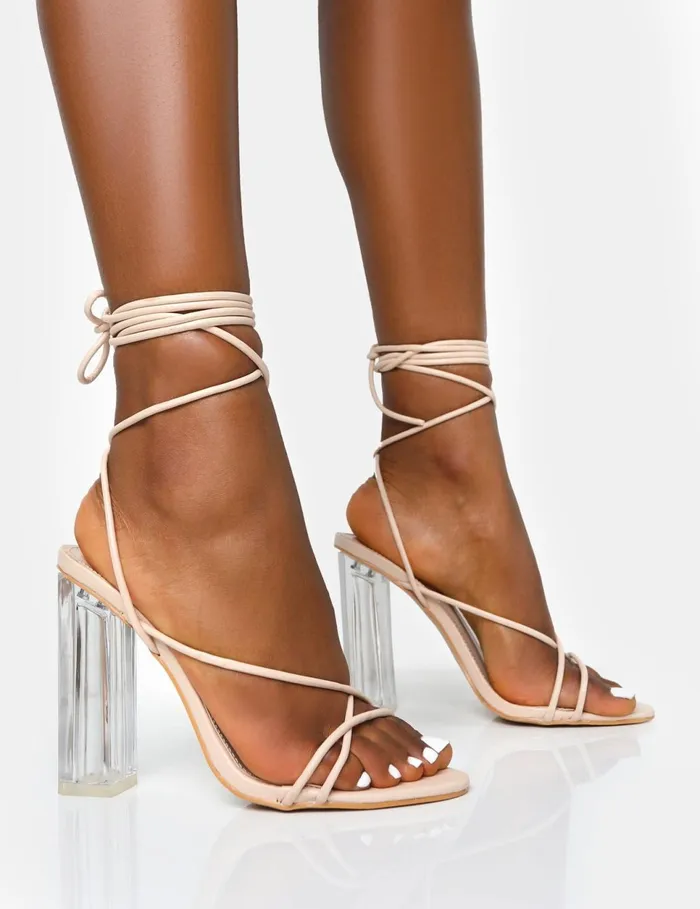 Women Clara Nude Pu Strappy Lace Up Round Toe Clear Perspex Heels Neutral Public Desire Prom Women Clara Nude Pu Strappy Lace Up Round Toe Clear Perspex Heels Neutral Public Desire Prom