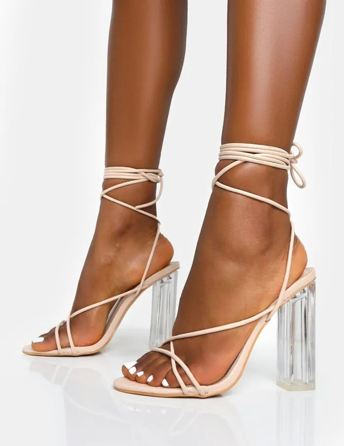 Women Clara Nude Pu Strappy Lace Up Round Toe Clear Perspex Heels Neutral Public Desire Prom Women Clara Nude Pu Strappy Lace Up Round Toe Clear Perspex Heels Neutral Public Desire Prom