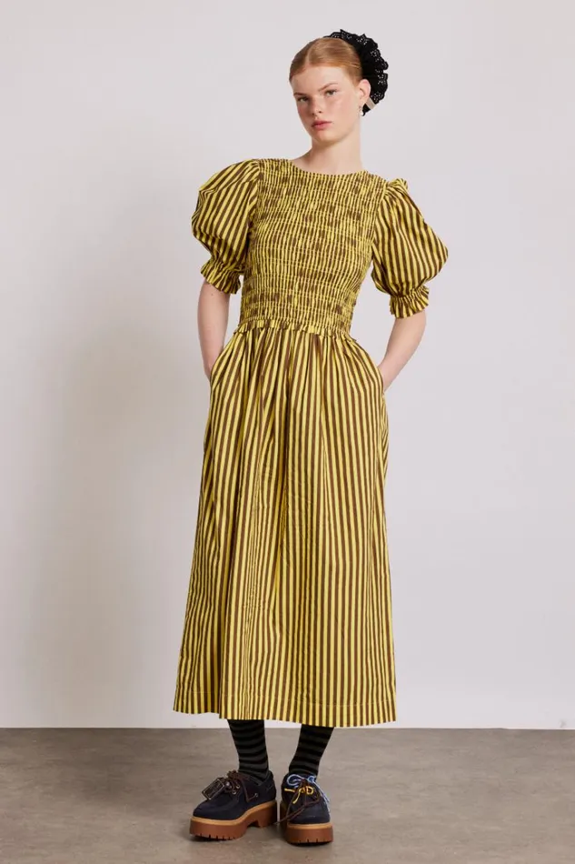 Women Coords Damson Madder Bluebelle Midi Dress 8211 Brown Yellow Stripe