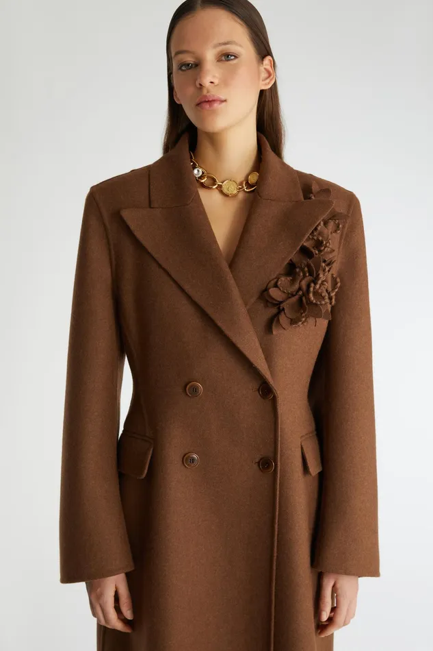 Women Coats and Down Jackets Ermanno Scervino Long Doublebreasted Coat With Floral Application