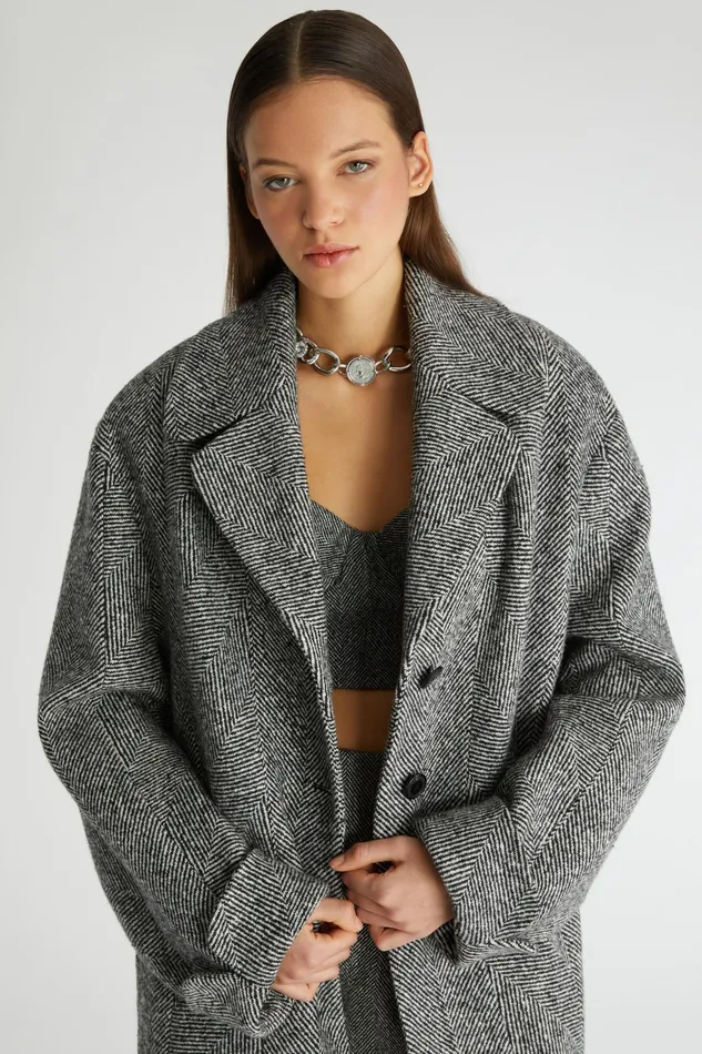 Women Coats and Down Jackets Ermanno Scervino Singlebreasted Coat With Chevron Pattern Greyblack