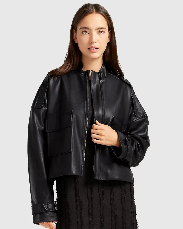 Women Coats and Jackets Belle and Bloom Reload Draped Leather Look Jacket 8211 Black