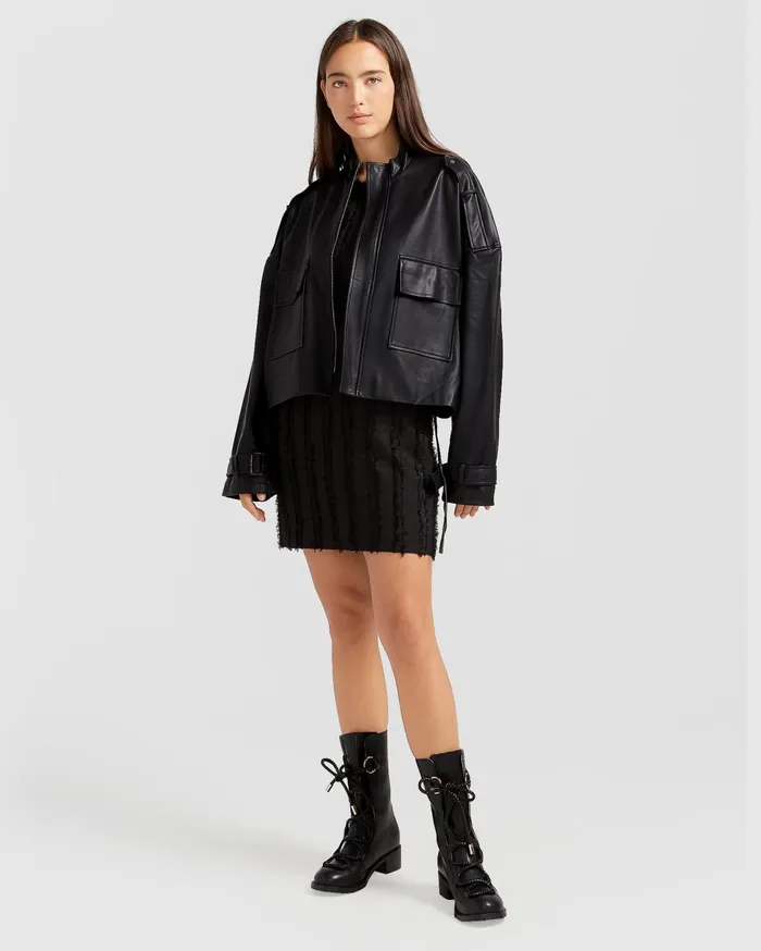 Women Coats and Jackets Belle and Bloom Reload Draped Leather Look Jacket 8211 Black