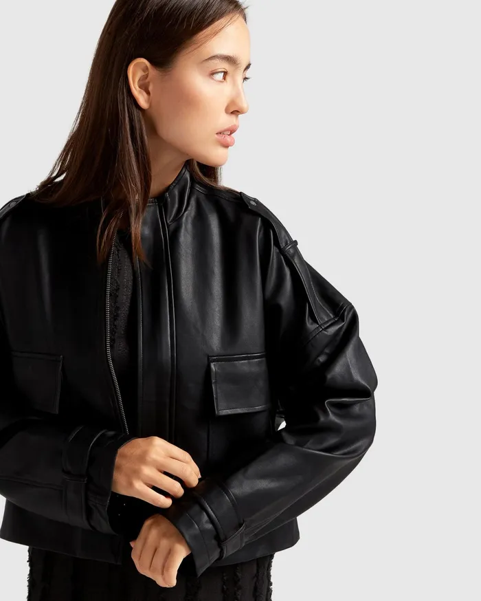 Women Coats and Jackets Belle and Bloom Reload Draped Leather Look Jacket 8211 Black