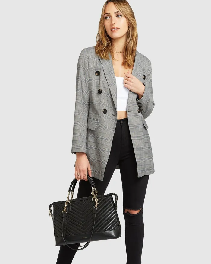 Women Coats and Jackets Belle and Bloom Too Cool For Work Plaid Blazer 8211 Charcoal