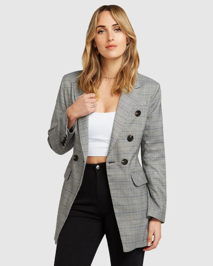 Women Coats and Jackets Belle and Bloom Too Cool For Work Plaid Blazer 8211 Charcoal