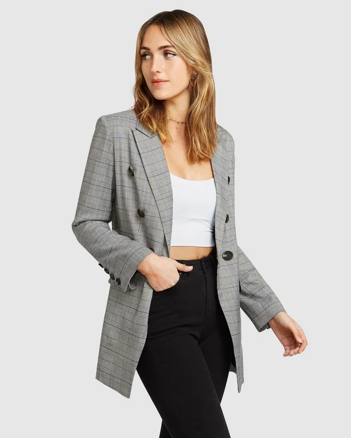 Women Coats and Jackets Belle and Bloom Too Cool For Work Plaid Blazer 8211 Charcoal