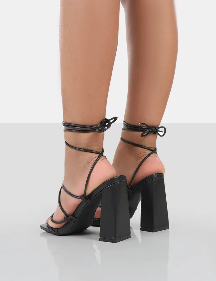 Women Coco Black Grain Square Toe Strappy Lace Up Block Heels Black Public Desire Block Heels