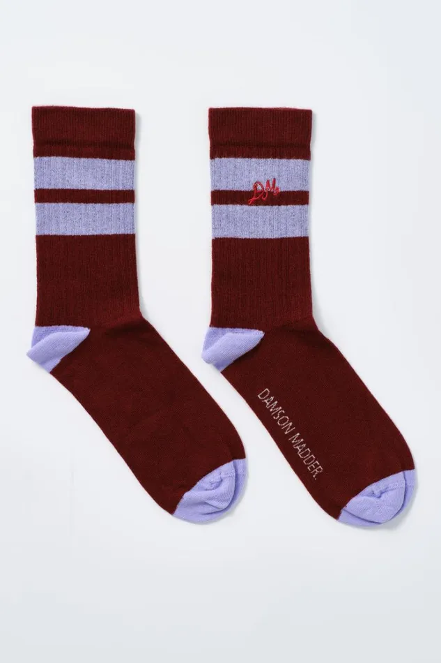 Women Cold Weather Accessories Damson Madder Calf Length Socks 8211 Burgundy and Lilac Stripe