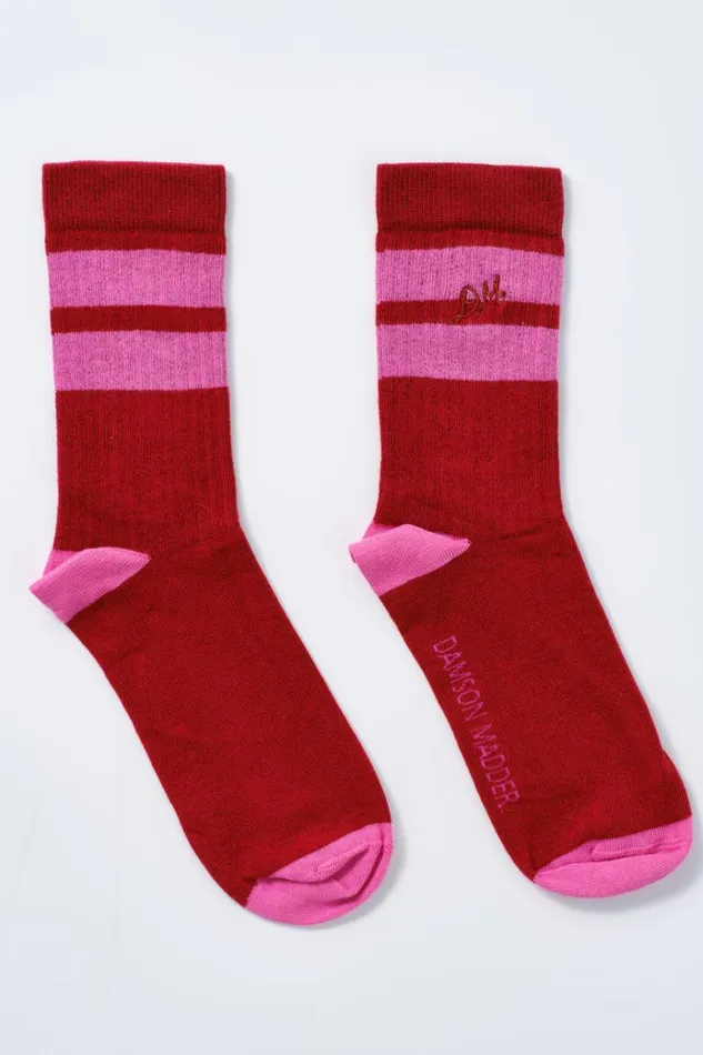 Women Cold Weather Accessories Damson Madder Calf Length Socks 8211 Red and Pink Stripe