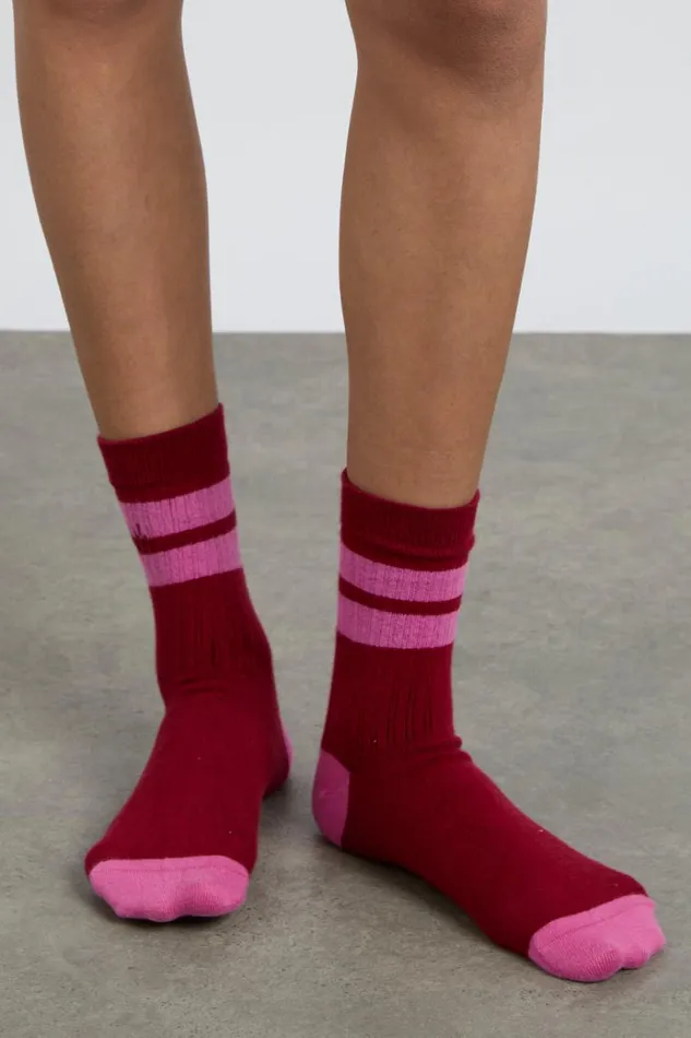 Women Cold Weather Accessories Damson Madder Calf Length Socks 8211 Red and Pink Stripe