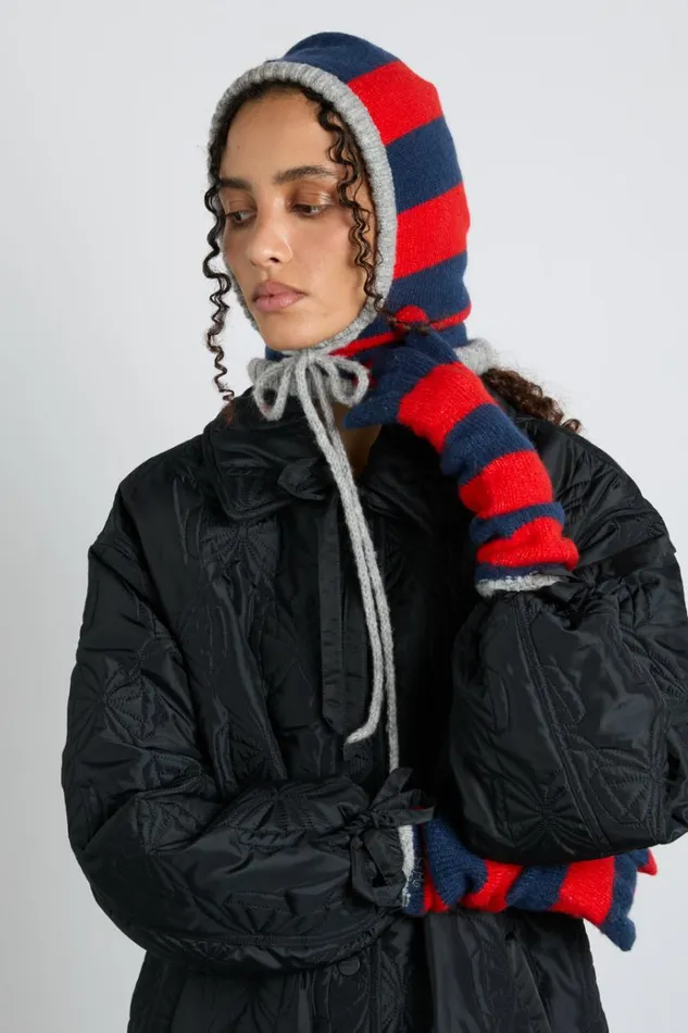 Women Cold Weather Accessories Damson Madder Hood In Red and Navy With Grey Tie