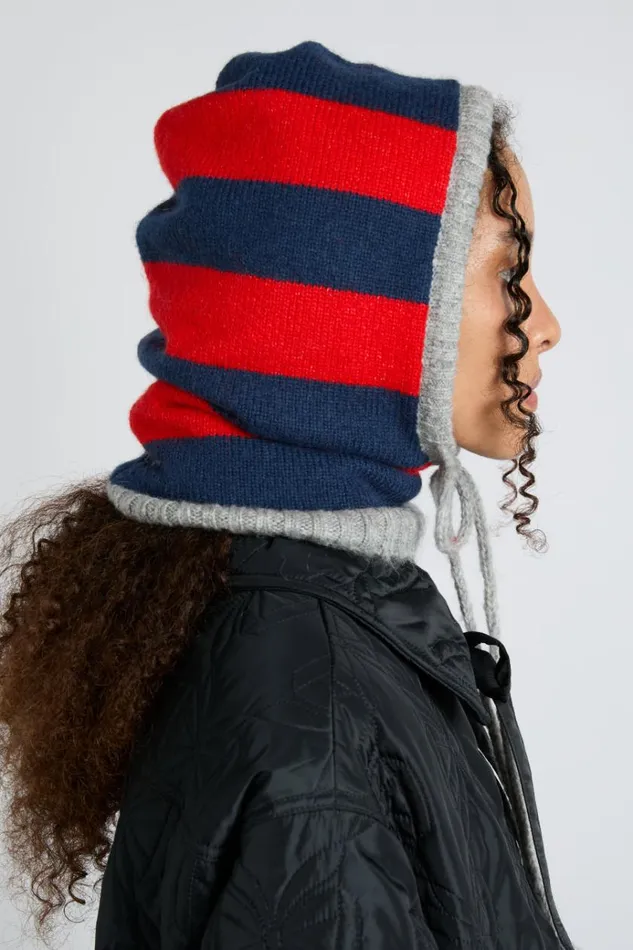 Women Cold Weather Accessories Damson Madder Hood In Red and Navy With Grey Tie