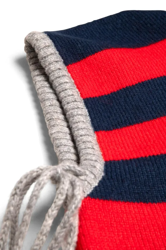 Women Cold Weather Accessories Damson Madder Hood In Red and Navy With Grey Tie