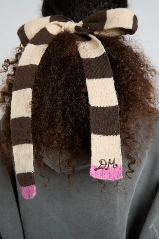 Women Cold Weather Accessories Damson Madder Knitted Hair Bow In Stripe 8211 Ecru and Choc