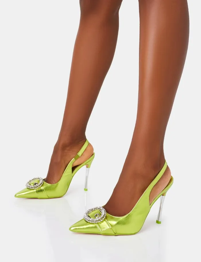 Women Confession Lime Metalic Denim Diamante Buckle Broach Detail Slingback Pointed Toe Stiletto High Heels Green Public Desire Festival