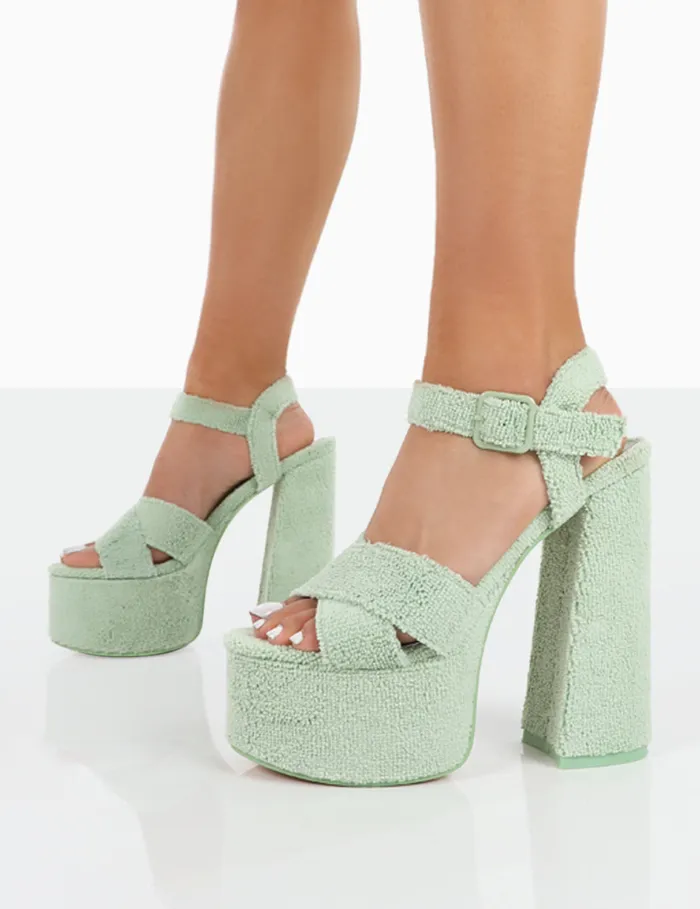 Women Content Mint Towelling Chunky Platform Sandal High Heels Green Public Desire Holiday