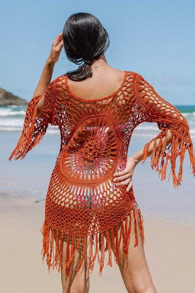Women Cover Up Dresses Cupshe Desirae Orange Crochet Tassel Coverup Dress Orange