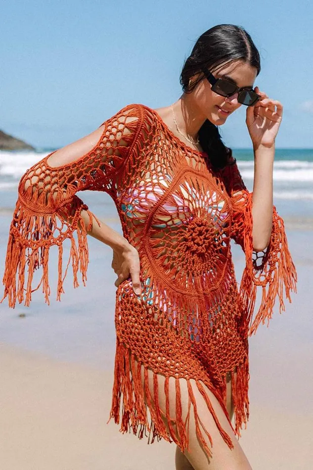 Women Cover Up Dresses Cupshe Desirae Orange Crochet Tassel Coverup Dress Orange
