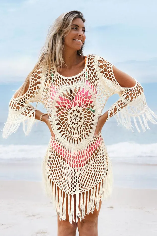 Women Cover Up Dresses Cupshe Desirae White Crochet Tassel Coverup Dress Beige