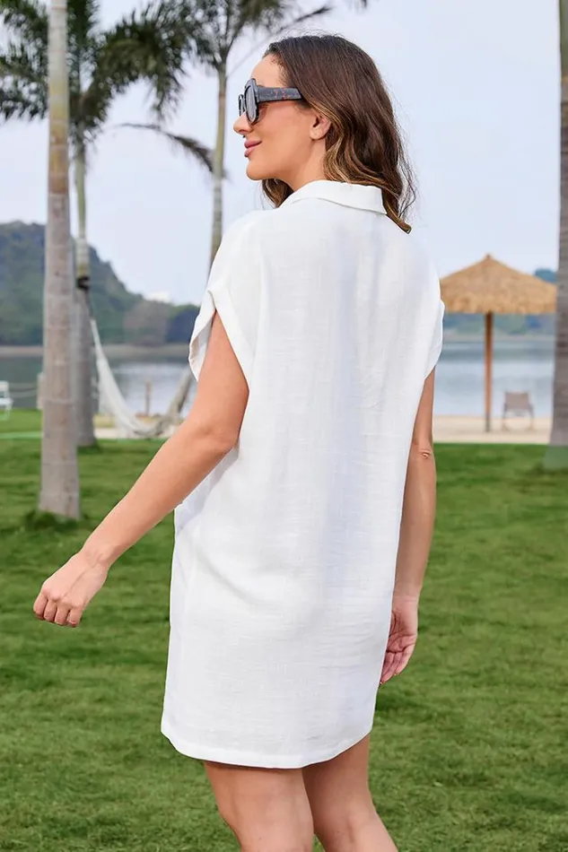 Women Cover Up Dresses Cupshe Kee Beach Shirt Collar Mini Length Cover Up White