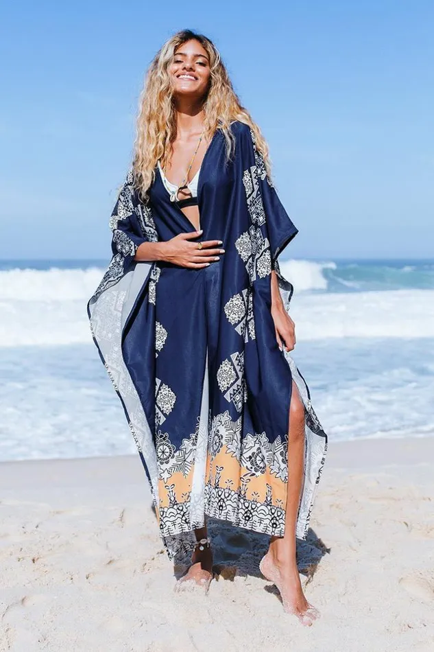 Women Cover Up Dresses Cupshe Paislee Open Front Split Kimono Navy