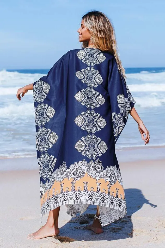 Women Cover Up Dresses Cupshe Paislee Open Front Split Kimono Navy