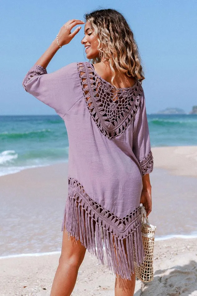 Women Cover Up Dresses Cupshe Sadie Crochet Fringe Half Sleeve Cover Up Purple