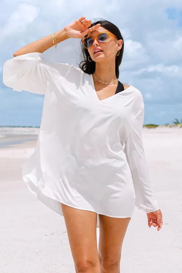 Women Cover Up Dresses Cupshe Sienna Vneck Loose Waisted Bell Sleeve Coverup Dress White