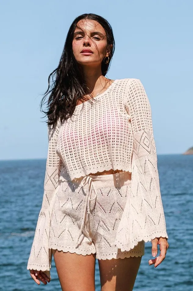 Women Cover Up Sets Cupshe Hermosa Bell Sleeve Crochet Coverup Set Beige