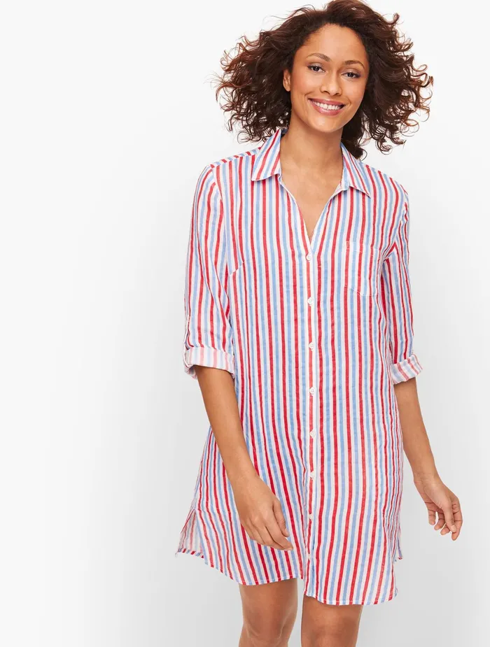 Women CoverUps Talbots Crinkle Cotton Beach Shirt Patio Red Multi