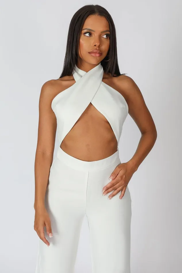 Women Cross Front Halter Wide Leg Jumpsuit White Kaiia White Public Desire Trousers