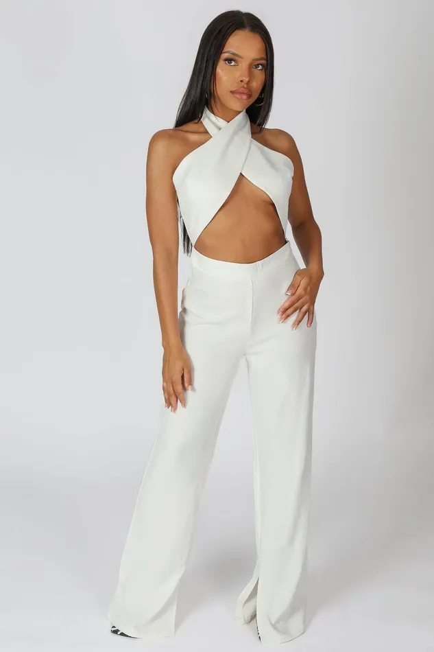 Women Cross Front Halter Wide Leg Jumpsuit White Kaiia White Public Desire Trousers