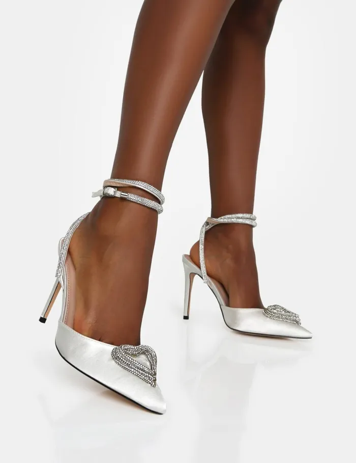 Women Cupid Off White Satin Diamante Heart Wrap Around Pointed Toe Stiletto Heels Silver Public Desire Party Women Cupid Off White Satin Diamante Heart Wrap Around Pointed Toe Stiletto Heels Silver Public Desire Party